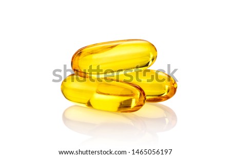 Fish Oil supplement Capsules best source of omega-6 and vitamins for health isolated on white background, health care and medical concept Royalty-Free Stock Photo #1465056197