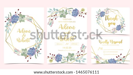 Blue green geometry wedding invitation with cactus and leaves.Vector birthday invitation for kid and baby.Editable element