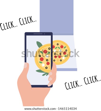 Taking pictures of food by mobile phone, before eat some pizza 