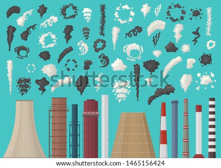 Smokestacks set in flat style. Factory chimney with black and white smoke. Environmental pollution. Dark dust backgroud. Vector illustration. Royalty-Free Stock Photo #1465156424