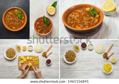 Collage from different pictures of Adasi, Persian Lentil Stew. 