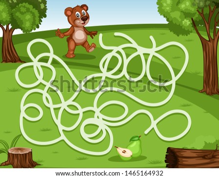 Maze Game Help the Little Bear to Rich the Pears. Vector Illustration Activity Game for Kids. Labyrinth Vector Cartoon Game with Animals