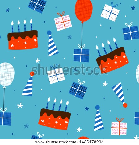 Seamless vector pattern with birthday cakes. Creative Hand Drawn textures for birthday, anniversary, party invitations, scrapbook, print on T-shirts and bags. Vector illustration. Pink, yellow, blue.
