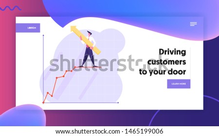 Goal Achievement Website Landing Page, Businessman with Huge Arrow in Hands Stand on Top of Growing Business Chart on Coordinate System, Success Web Page. Cartoon Flat Vector Illustration, Banner