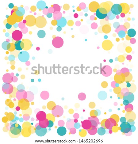 Memphis round confetti trendy background in cyan, magenta and gold on white.  Childish pattern vector, children's party birthday celebration background.  Holiday confetti circles in memphis style.