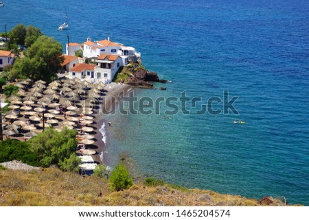 Photo from famous clear sea beach of Vlycho, Hydra island, Saronic gulf, Greece