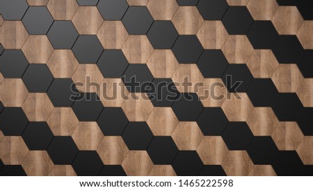 Wood and black ceramic hexagons background. Diagonal pattern.