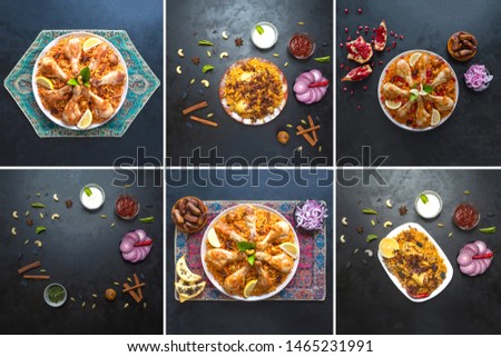 Collage from different pictures of Arabic traditional food bowls Kabsa with meat.