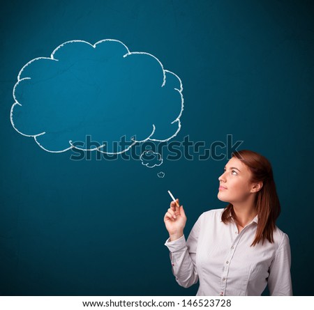 Beautiful young lady smoking cigarette with idea cloud
