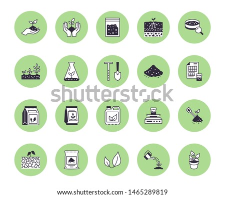 Soil testing flat line icons set. Agriculture, planting vector illustrations, hands holding ground with spring, plant fertilizer. Thin signs for agrology survey. Royalty-Free Stock Photo #1465289819
