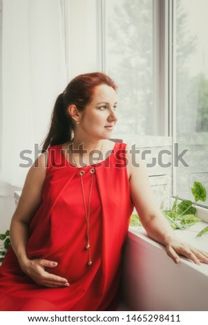 Portrait of a beautiful pregnant woman in the room near the window