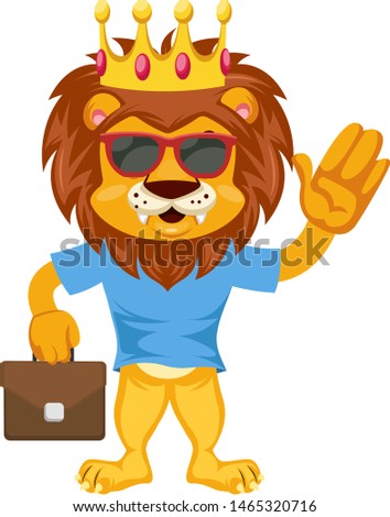 Lion with suitcase, illustration, vector on white background.