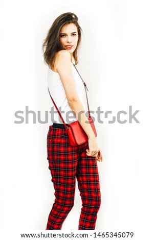 young pretty stylish brunette hipster girl posing emotional isolated on white background happy smiling cool smile, lifestyle people concept close up