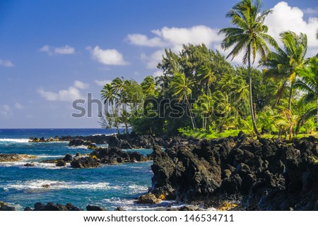 Waves breaking on the rocks on a sunny day during a spectacular ocean view on the Road to Hana, Maui, Hawaii, USA Royalty-Free Stock Photo #146534711
