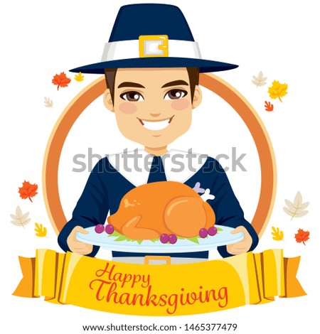 Pilgrim man holding roasted turkey for happy Thanksgiving Day celebration