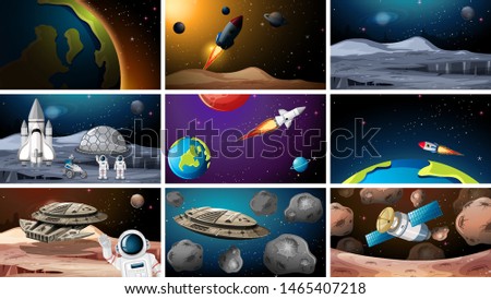 Large set of space scenes illustration