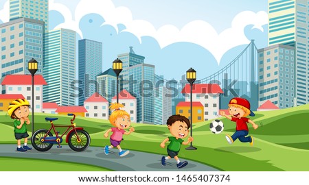 Kids playing in city park illustration