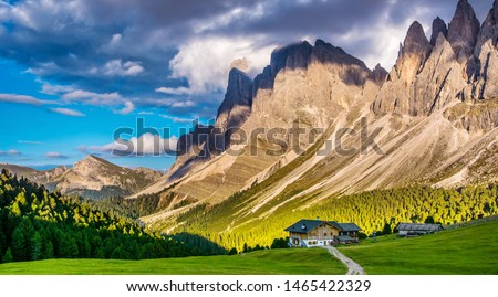 The beautiful Dolomites group of Odle in the Natural Park of Odle-Puez, Val di Funes. Bolzano, South Tyrol Italy. Artistic picture. Beauty of mountains world. Panorama
