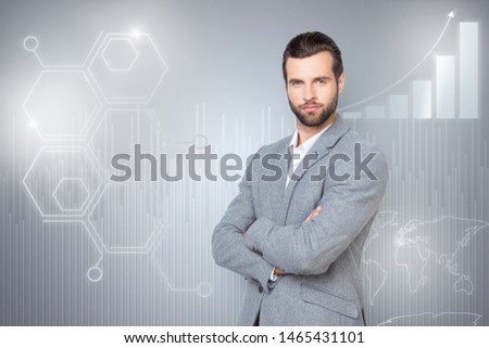 Close up mixed creative design stylized graphic virtual poster photo confident he him his guy social marketing futuristic pattern presentation show new startup wear suit isolated grey background