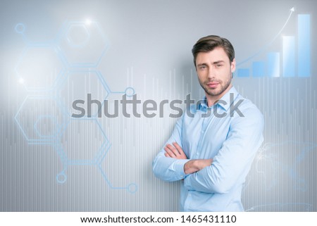 Close up virtual effected creative design stylized graphic photo he him his guy social marketing futuristic pattern show new startup step in navigation system wear shirt isolated grey background