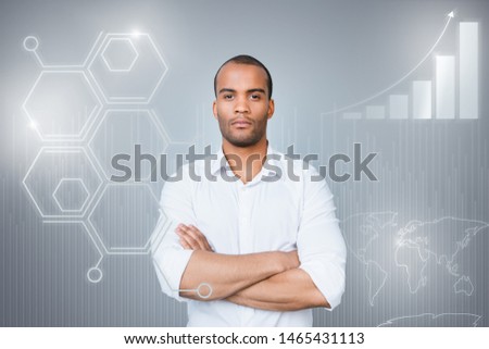 Close up virtual effected design stylized graphic photo he him his guy social marketing trading futuristic pattern show new startup step navigation system wear shirt isolated grey background