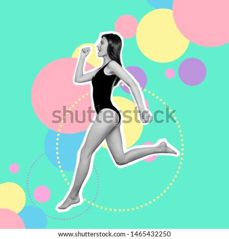 Full length body size side profile portrait funky she her lady flying air mixed into grey paint illustration sport life placard fit now idea isolated colored green pink yellow blue drawing background