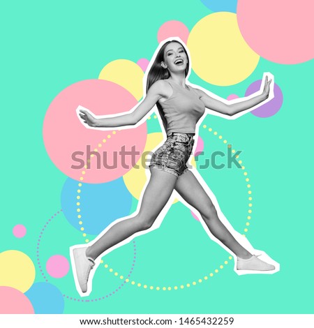 Full length body size portrait nice cute cool attractive cheerful she her lady flying in air mixed into grey paint illustration sport life placard concept isolated colored circles drawing background