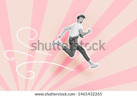 Full length body size photo he his him guy jump high funky futuristic cartoon stylized illustration design painted into grey isolated colored pink circular vortex optical lines drawing background