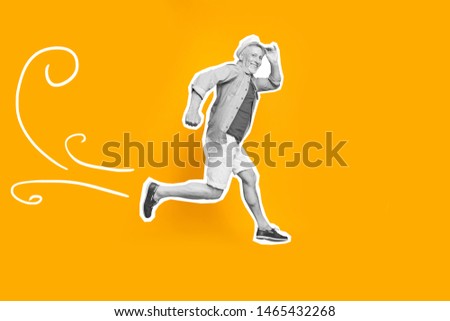 Portrait crazy funky he his him old man jump like animated cartoon futuristic stylized illustration rush hurry home casual shirt jeans denim painted grey isolated yellow drawing background