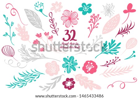 Set of Spring Floral Decor. Vector Elements Collection with Leafs and Flowers for Greeting Cards, Flyers and Banners Design