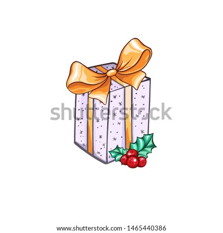 Christmas or New Year patterned gift box illustration. Freehand drawing, isolated vector decor for winter holidays. Cute stars and golden ribbon