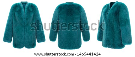 Luxury set, female turquoise bright short wide fur coat, leather collar, ghost mannequin, front view, three-quarter and back, mockup, clipping, isolated on white background Royalty-Free Stock Photo #1465441424