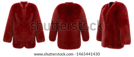 Luxury set, female red bright short wide fur coat, leather collar, ghost mannequin, front view, three-quarter and back, mockup, clipping, isolated on white background