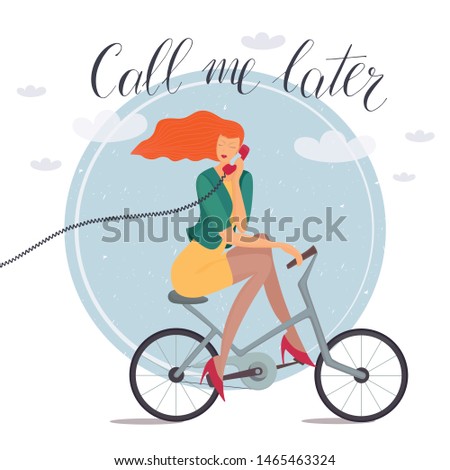 busy modern woman riding bike with  retro phone concept vector illustration