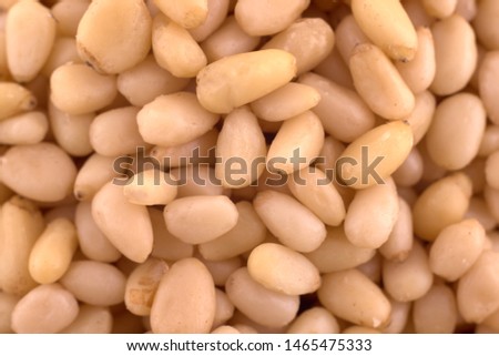 Pine nuts background texture, copy space, close up. Top view, flat lay