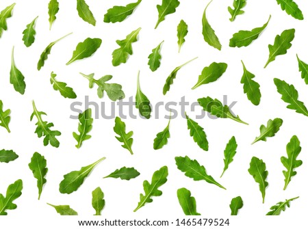 Pattern of fresh arugula or rucola salad leaves isolated on white background. Top view Royalty-Free Stock Photo #1465479524