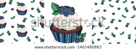 Vector blueberry cupcake of muffin or cake,berries and leaves and patterns. Beatiful dessert print, clip art, elements. 
Tasty collection