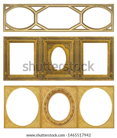 Set of triple golden frames (triptych) for paintings, mirrors or photos isolated on white background