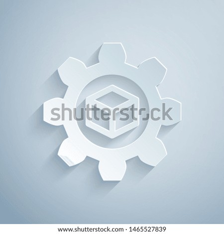 Paper cut Product development icon isolated on grey background. Gear and cube. Product development symbol design from Startup collection. Paper art style. Vector Illustration