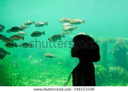 Girl enjoying the underwater life at aquarium