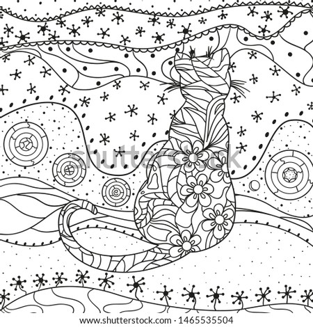 Abstract outline cat. Hand drawn ornate patterns on isolation background. Design for spiritual relaxation for adults. Black and white illustration for anti stress colouring page