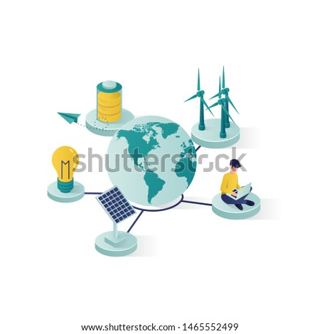 solar panel energy isometric illustration, renewable energy using solar panel to save the world isometric vector illustration