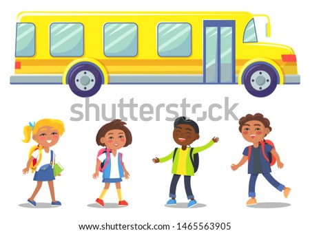Bright, modern yellow school bus for pupils and students. Group of children, little boys and girls with backpacks. Colorful education transportation vehicle. Back to school concept. Flat cartoon