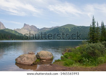 Mountain lake surrounded by mountain peaks.