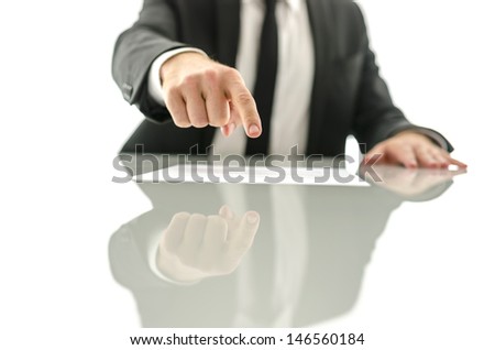 Front view of business man showing where to sign a document. Isolated over white background.
