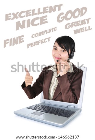 Call center woman with headset showing thumbs up with laptop, isolated on white background