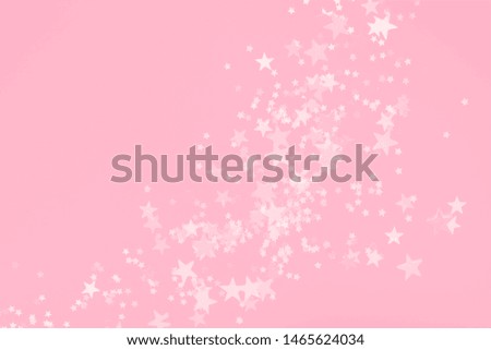 Group of colorful glitter stars decoration, merry christmas, happy new year isolated on pink background object design on top view. Birthday festive template with copy space. Stars shaped confetti