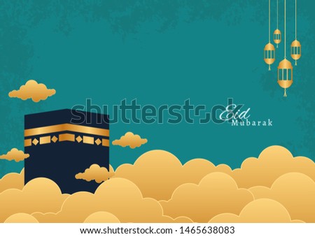 Eid Mubarak with kaaba greeting Card Illustration, Islamic festival for banner, poster, background, flyer,illustration, brochure and sale background