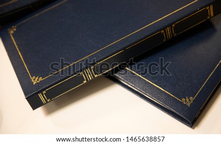 Stack of books, album, Photo, leather cover, blue