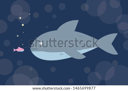 
a small pink fish with stars instead of scales met with a large gray fish that eats other inhabitants of the aquatic world